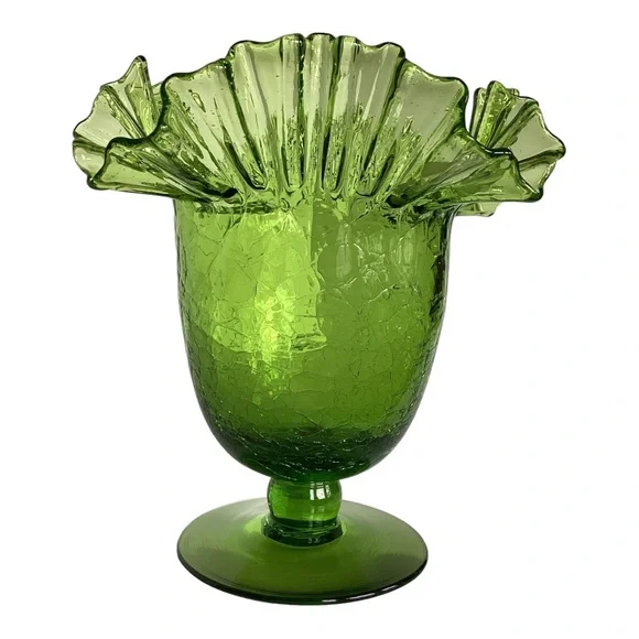 Blenko 388 Green Crackle Art Glass Vase Handcrafted Crimped Ruffled Edge Vintage - Picture 7 of 16